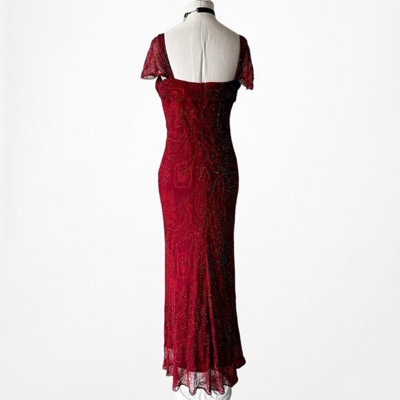 Vintage Red Beaded Fit Flared Silk Bodycon Maxi Prom Scarf Dress Size S/M - Picture 11 of 11